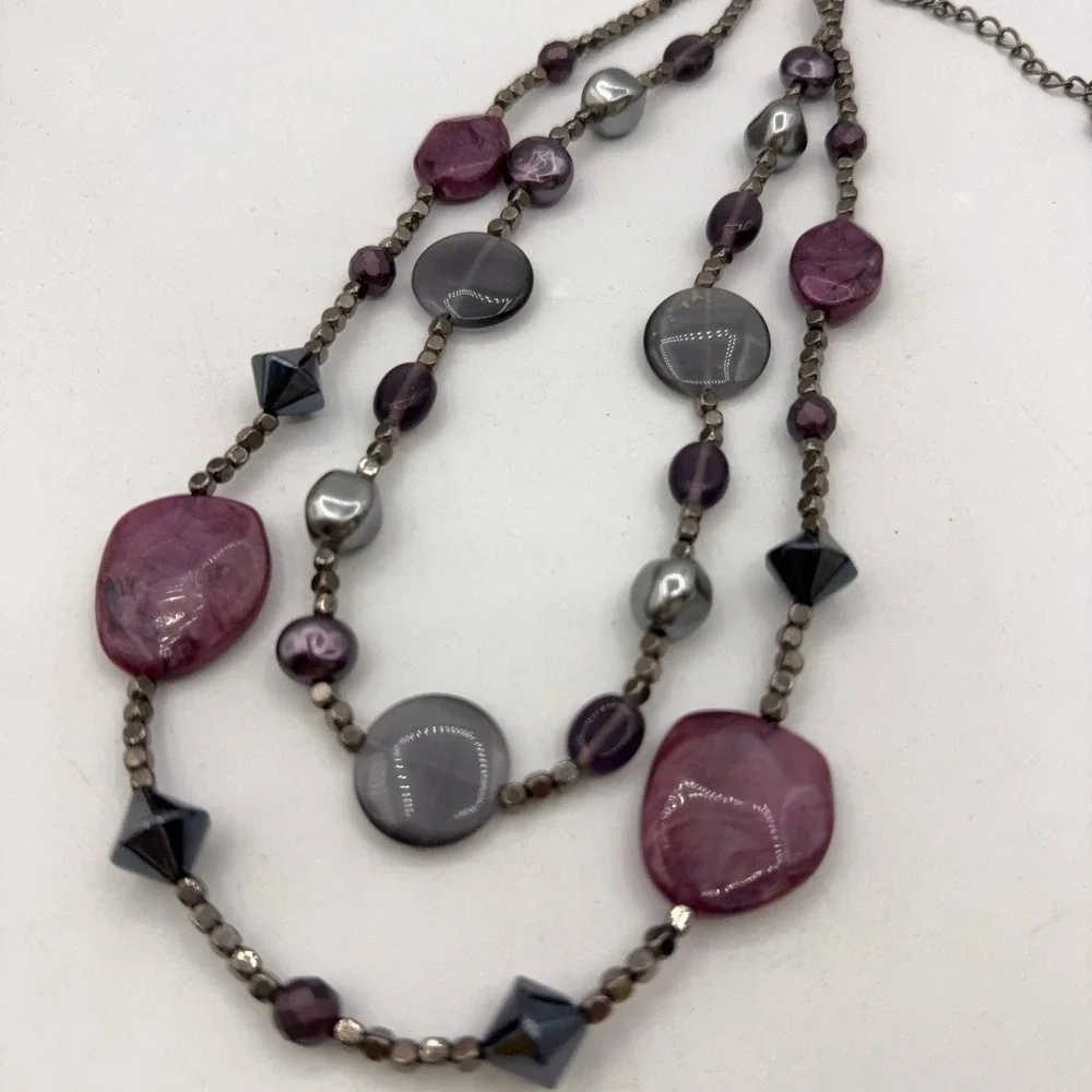 Chico's Beaded Necklace Purple Grey Double Strand Layered Boho Statement Artsy